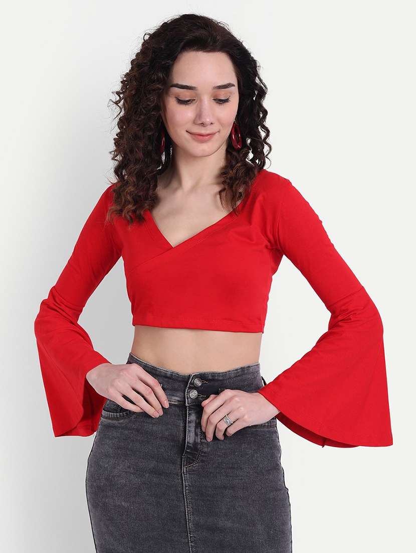 women solid bell sleeves crop top