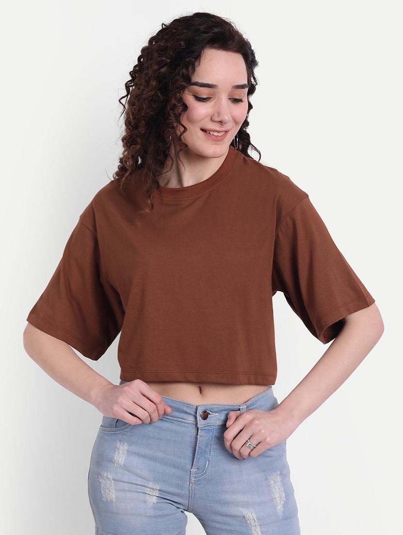 women solid short sleeves crop t-shirt - 21903533 -  Zoom Image - 0