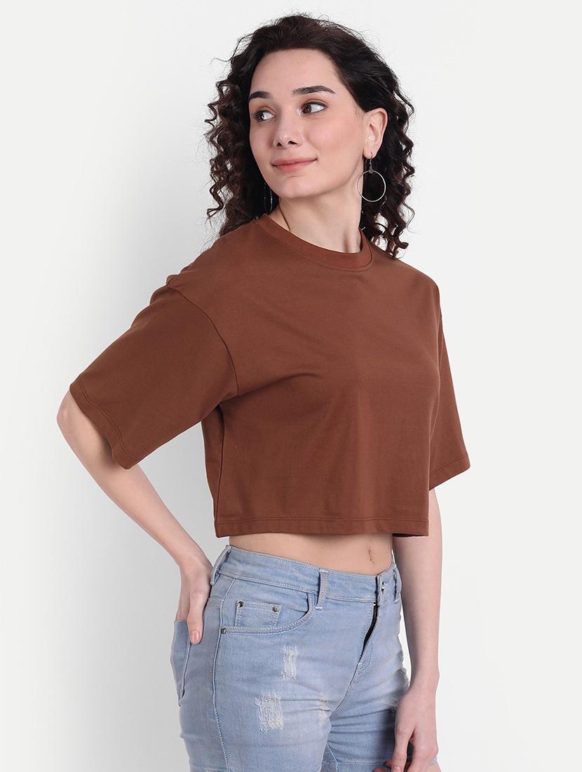 women solid short sleeves crop t-shirt - 21903533 -  Standard Image - 1