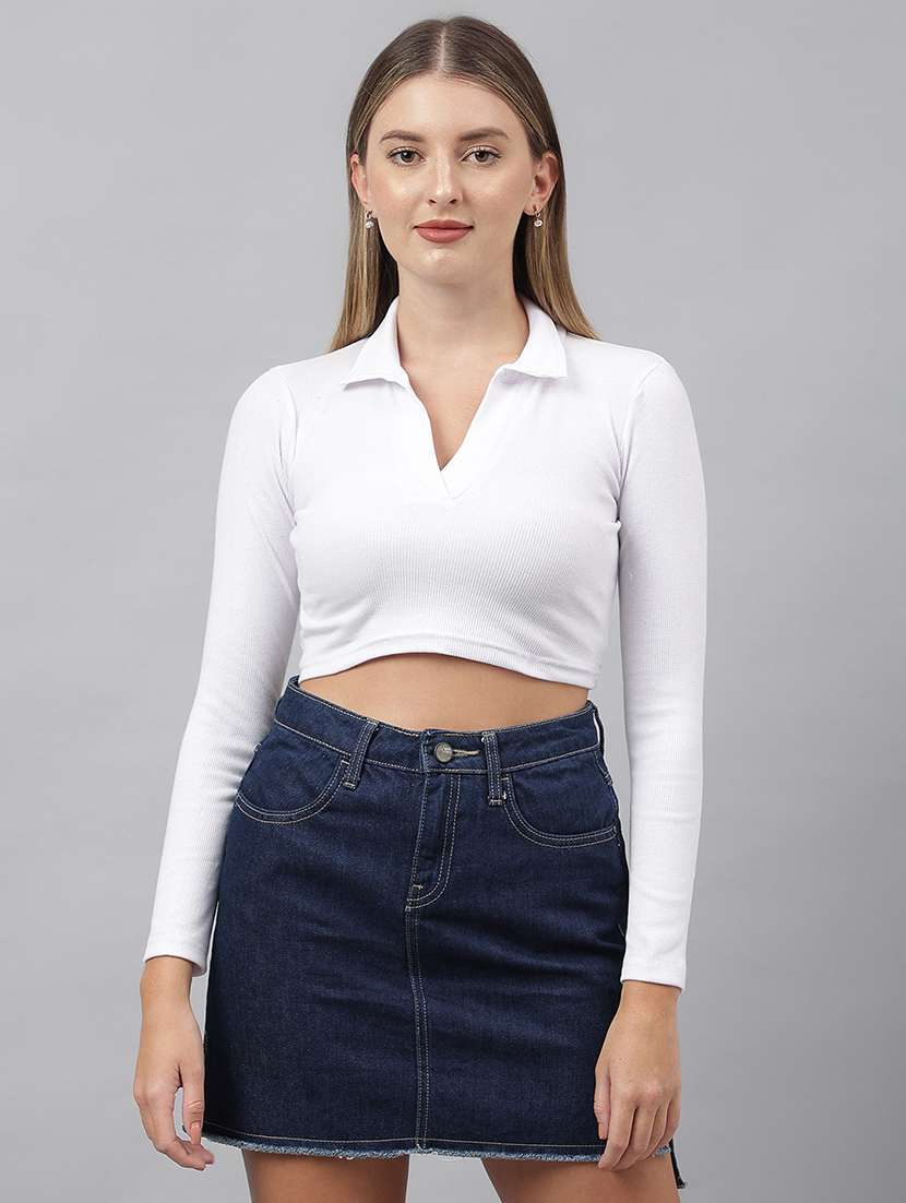 women solid collared long sleeves crop top - 21903549 - Zoom Image - 0