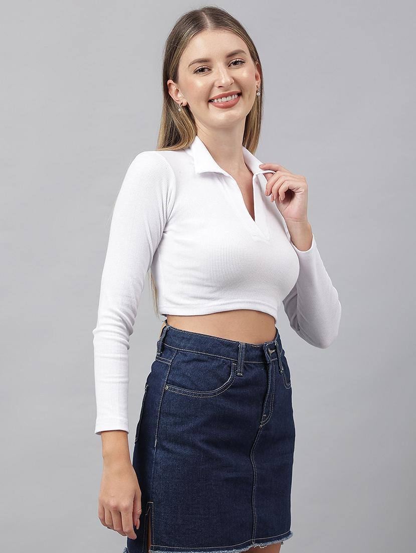women solid collared long sleeves crop top - 21903549 - Standard Image - 1