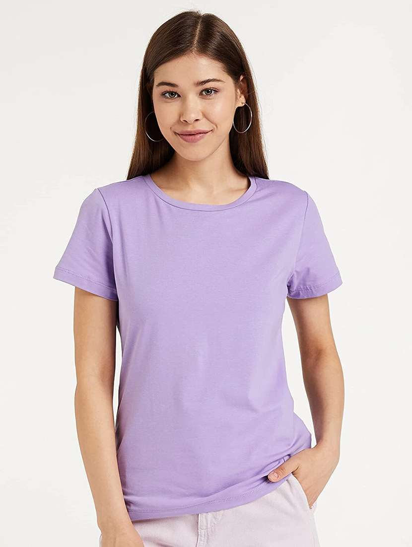 women solid round neck casual wear t-shirt