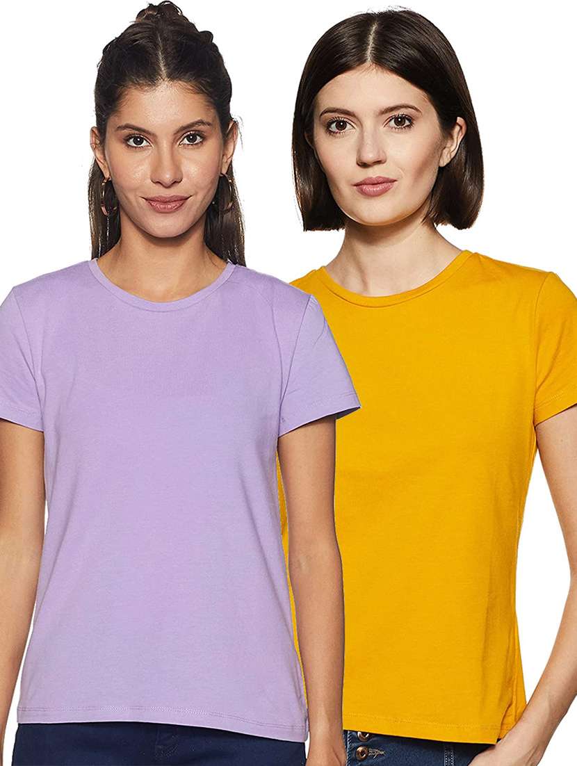 women pack of 2 solid round neck t-shirt