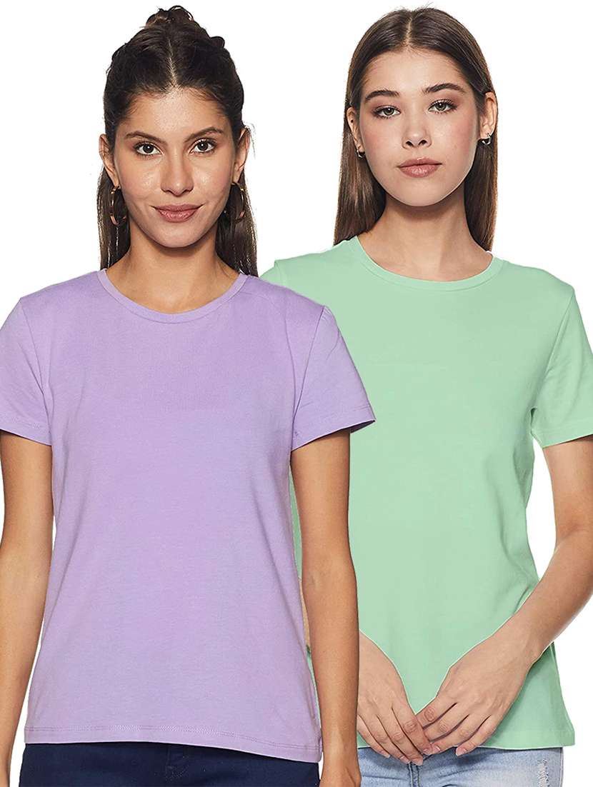 women pack of 2 solid round neck t-shirt
