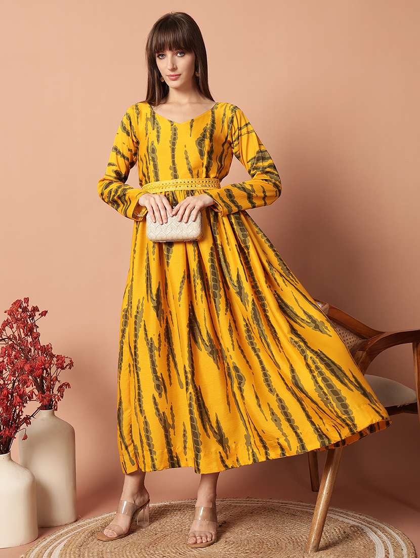 women yellow tie & dye printed flared ethnic dress - 21903982 -  Zoom Image - 0