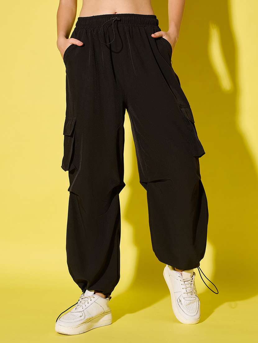 women solid high rise parachute pants 