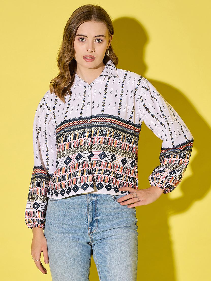 womenn printed collared puff sleeve regular shirt - 21904443 -  Standard Image - 1