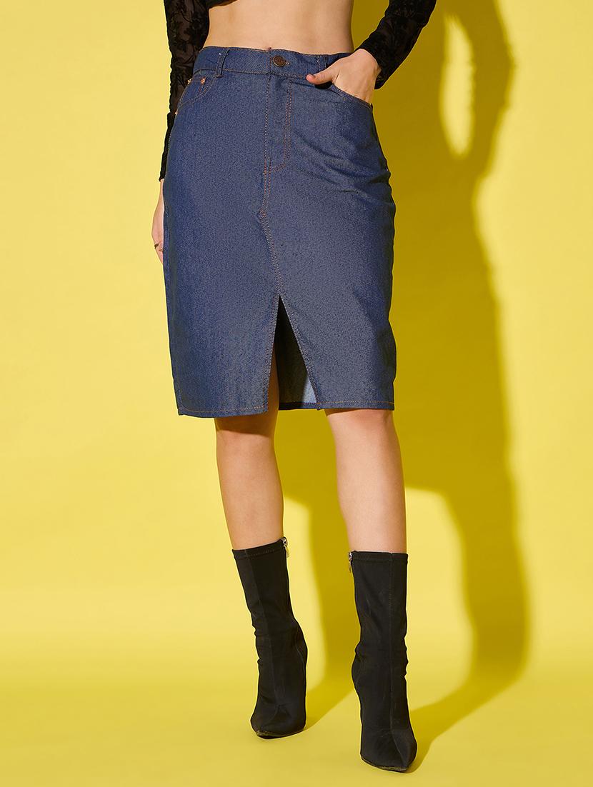 women solid mid rise denim skirt