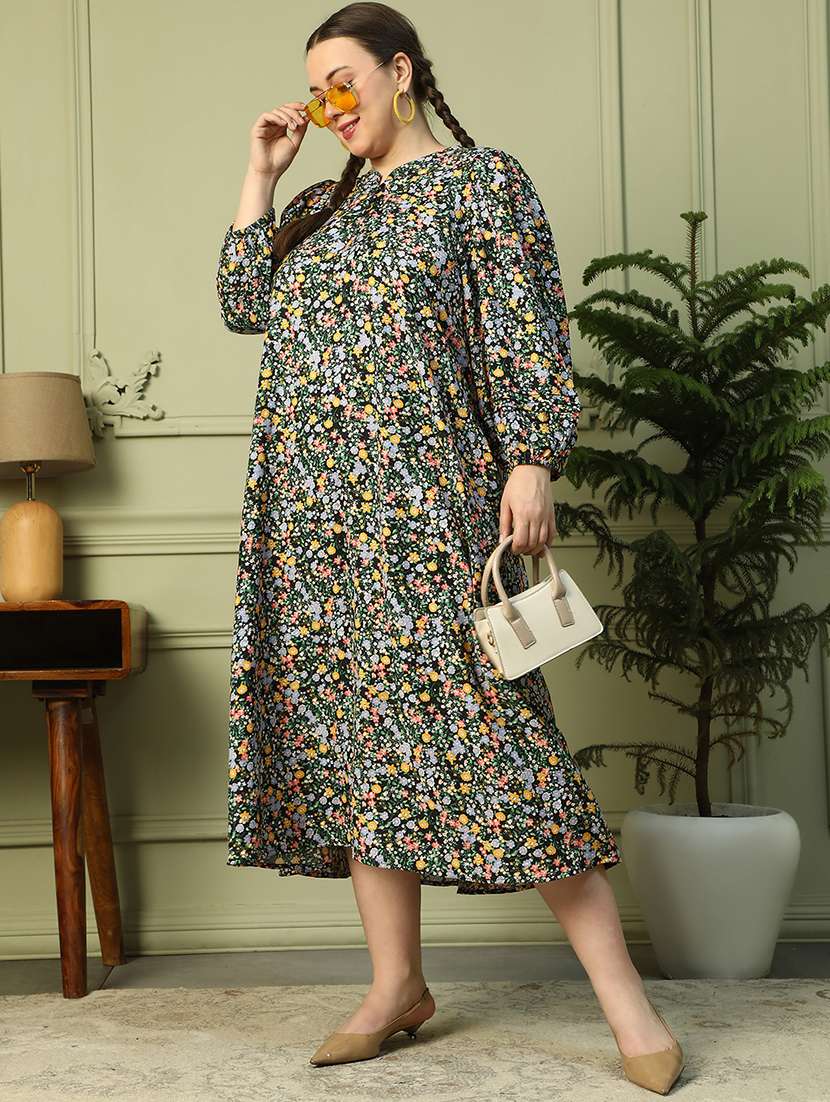 women lus size floral print mandarin neck dress