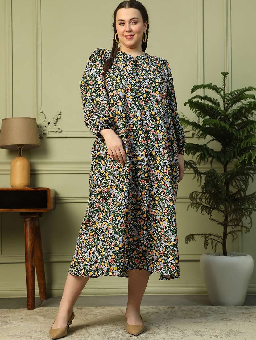 women lus size floral print mandarin neck dress - 21905151 - Standard Image - 1