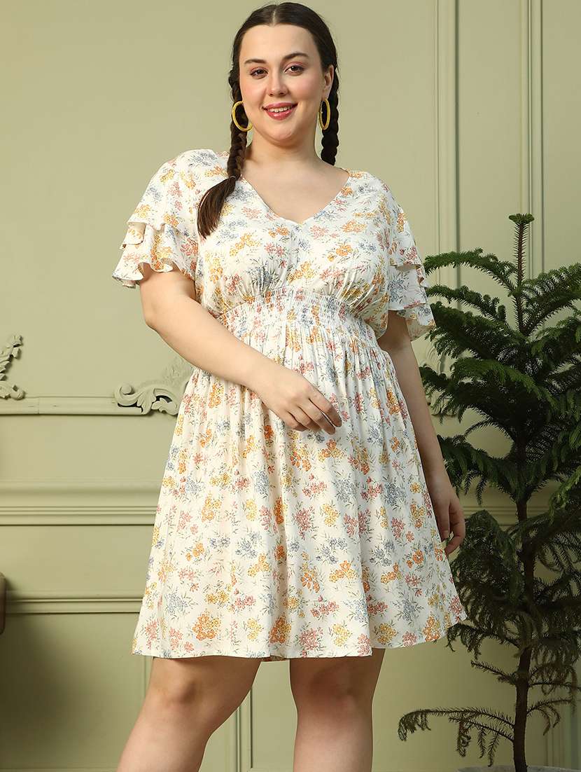 women plus size floral print flared sleeves dress