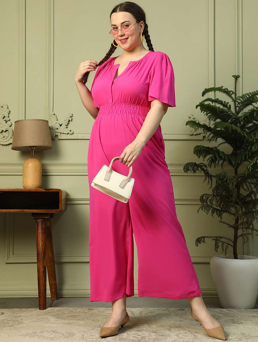 women plus size solid puff sleeves jumpsuit