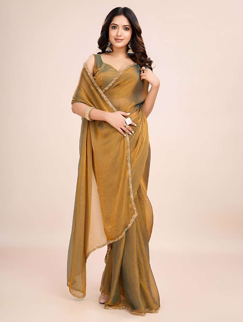 women gold plain embellished border saree with blouse - 21905212 - Zoom Image - 0