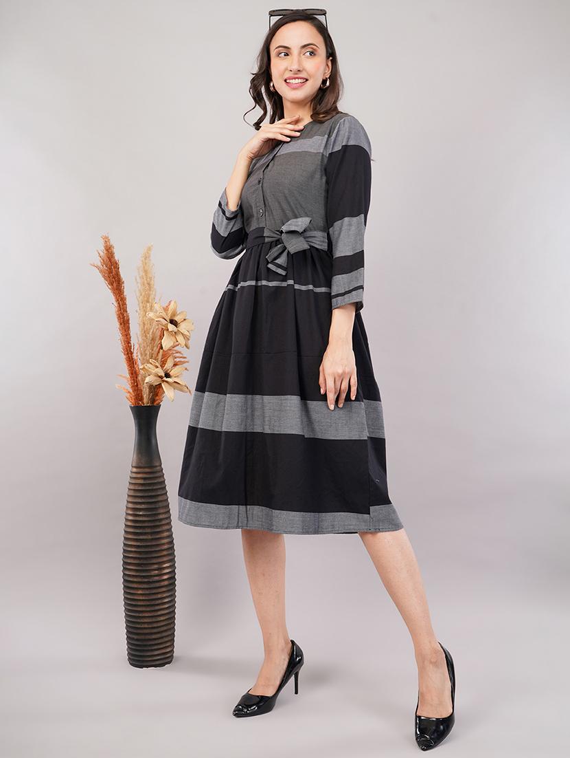 women color blocked round neck a-line dress