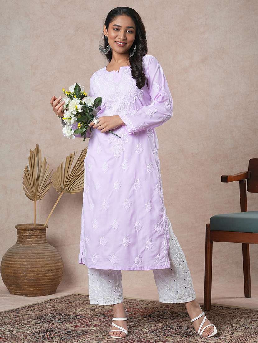 women long sleeve straight chikankari kurta - 21905302 -  Standard Image - 1