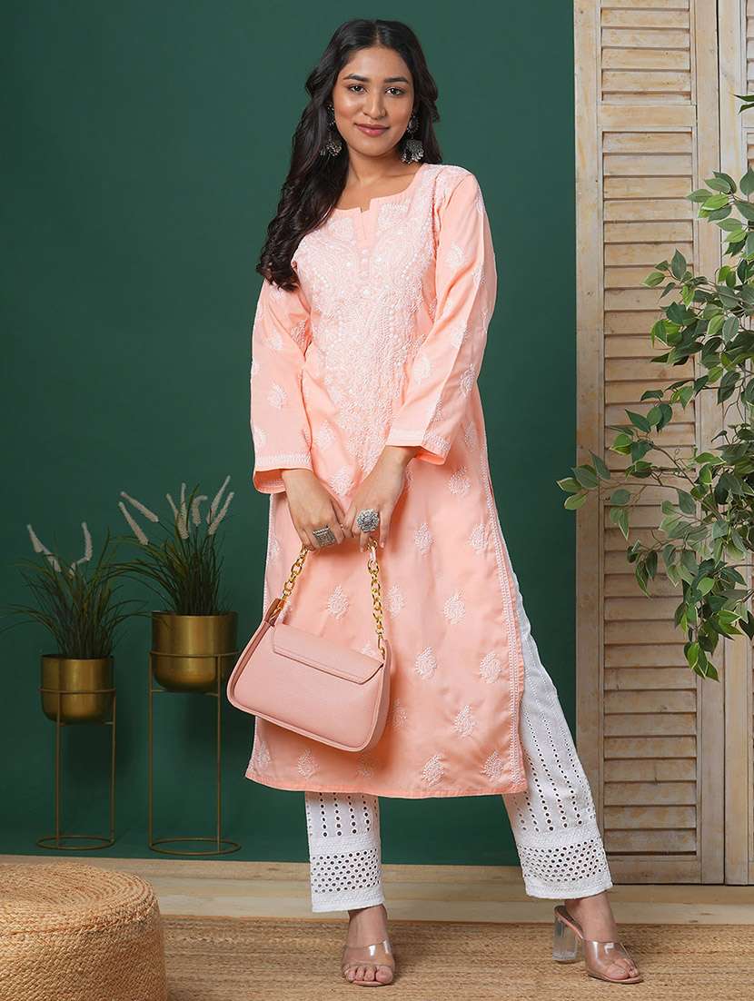 women long sleeve straight chikankari kurta - 21905304 -  Standard Image - 1