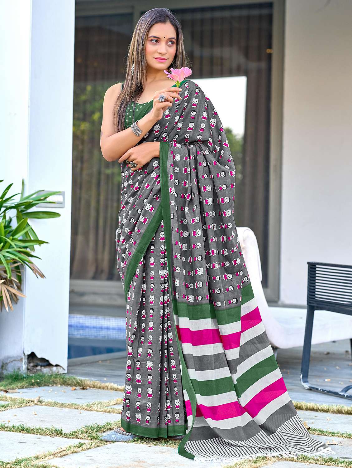 women grey printed saree with blouse