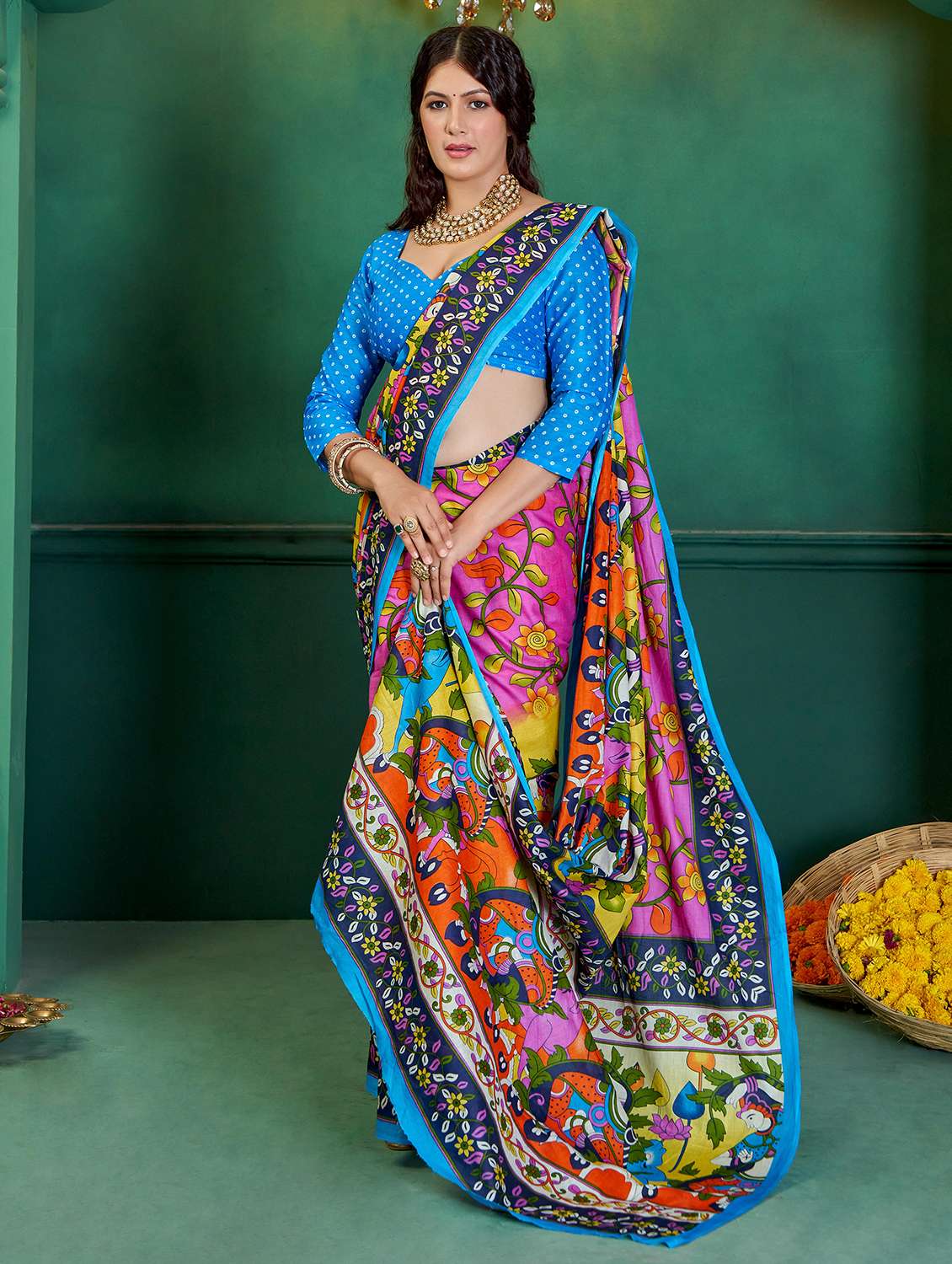 women kalamkari printed saree with blouse - 21905346 -  Standard Image - 1