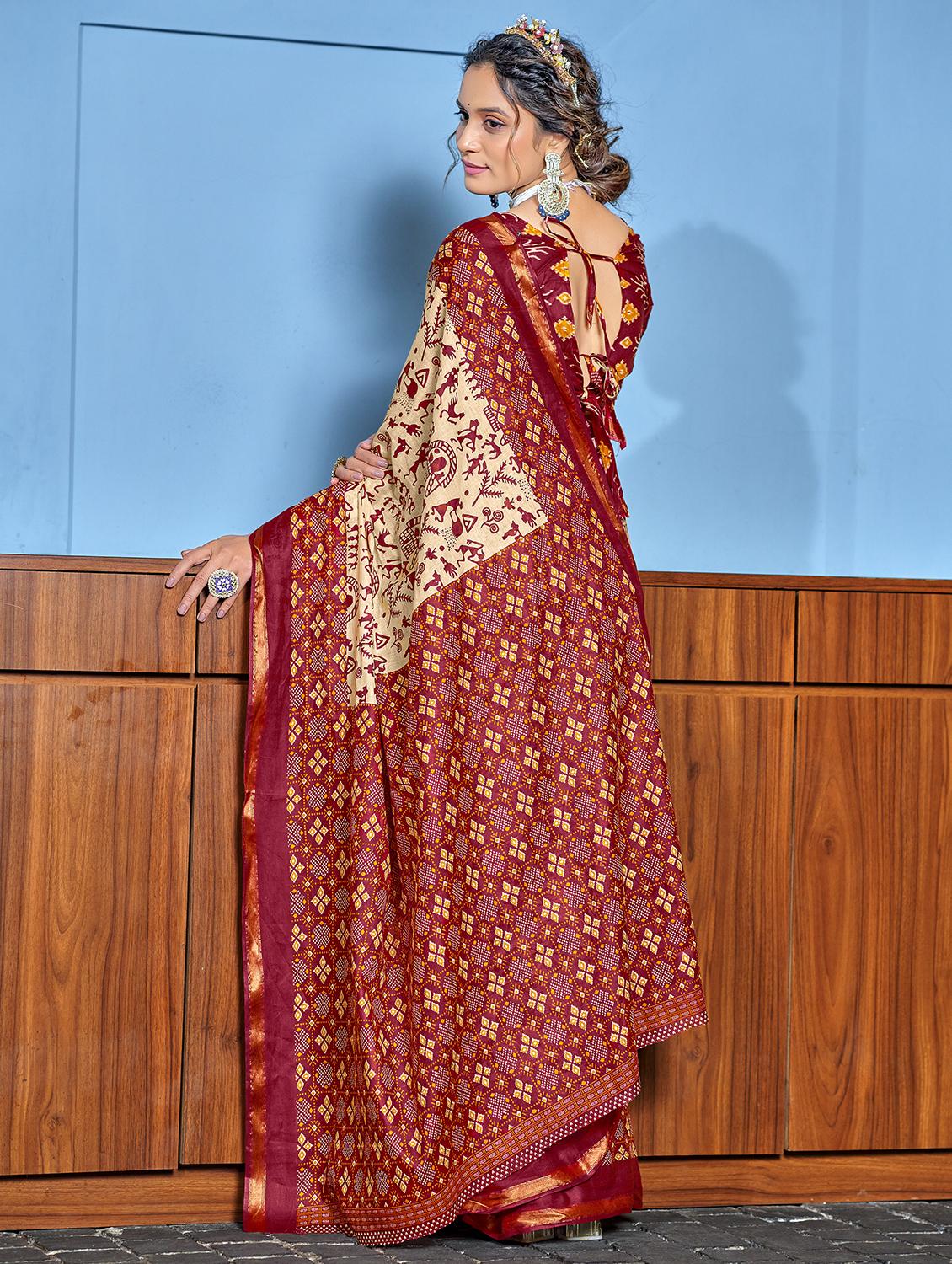 women maroon printed saree with blouse - 21905417 - Standard Image - 1