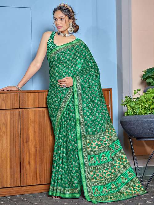 women green printed saree with blouse - 21905419 -  Standard Image - 0