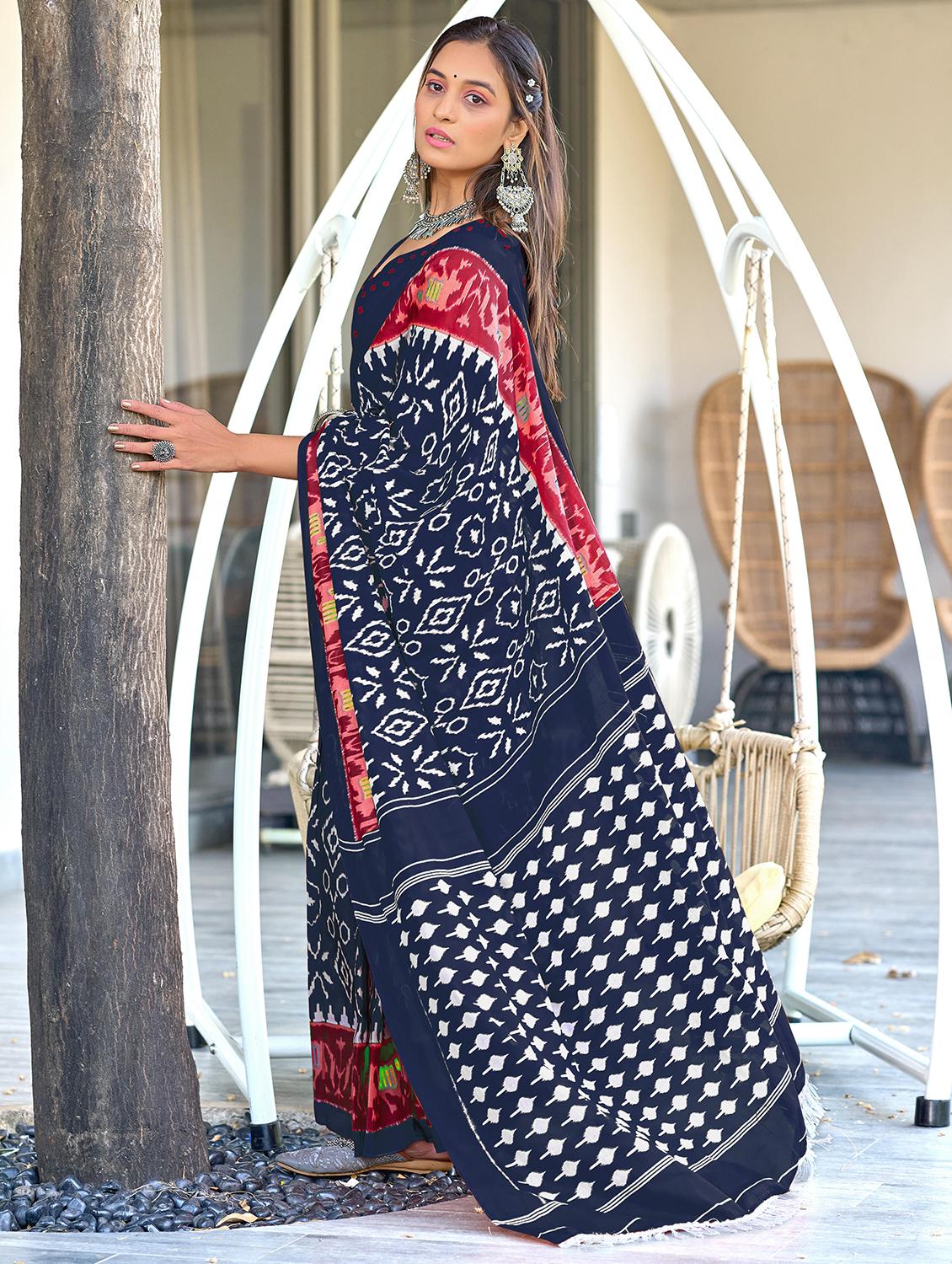 women blue ikat printed saree with blouse - 21905421 - Standard Image - 1