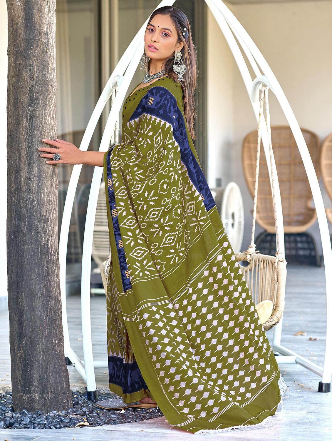 women green ikat printed saree with blouse - 21905422 - Standard Image - 1