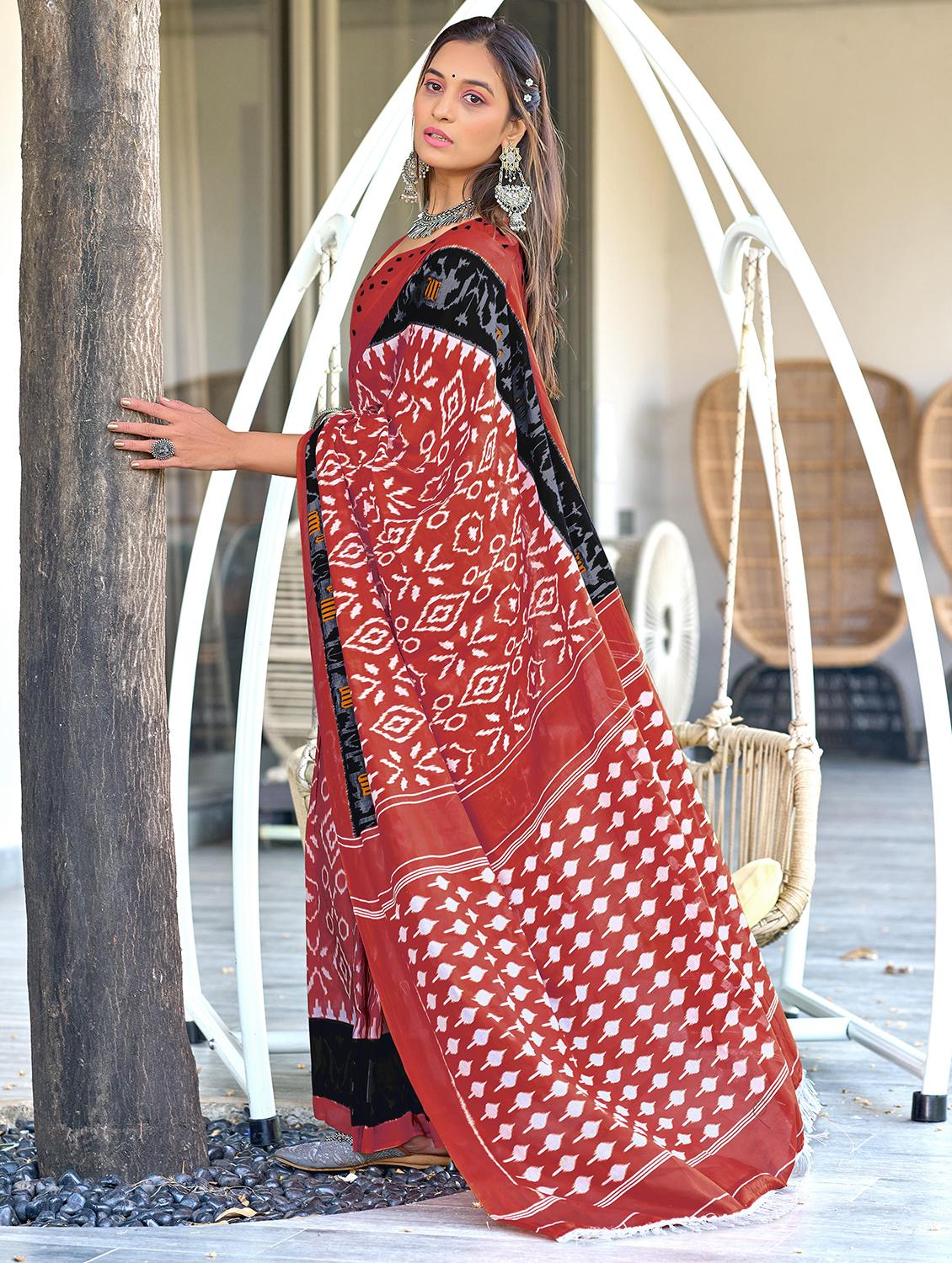 women red ikat printed saree with blouse - 21905424 - Standard Image - 1