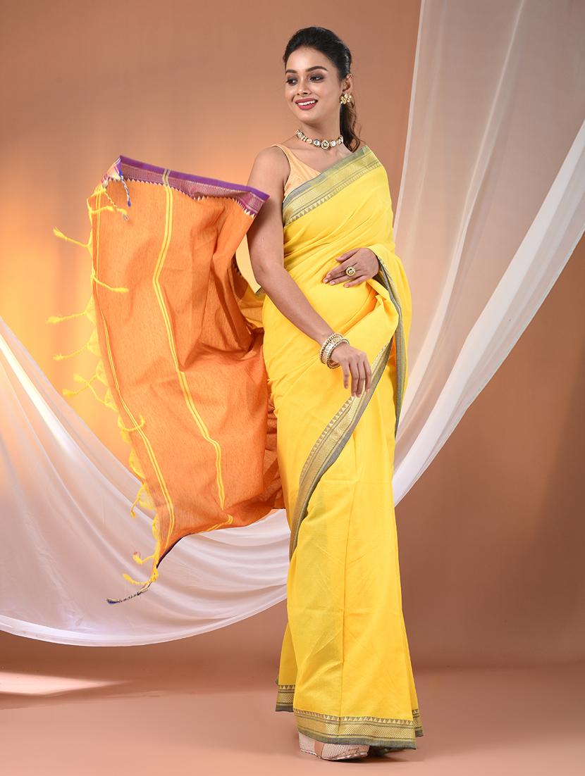 women solid handloom saree with blouse - 21905495 - Standard Image - 1