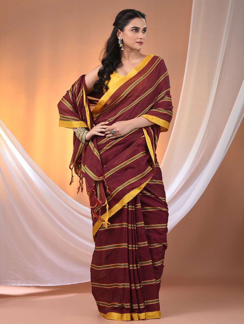women striped handloom saree with blouse - 21905512 -  Standard Image - 1