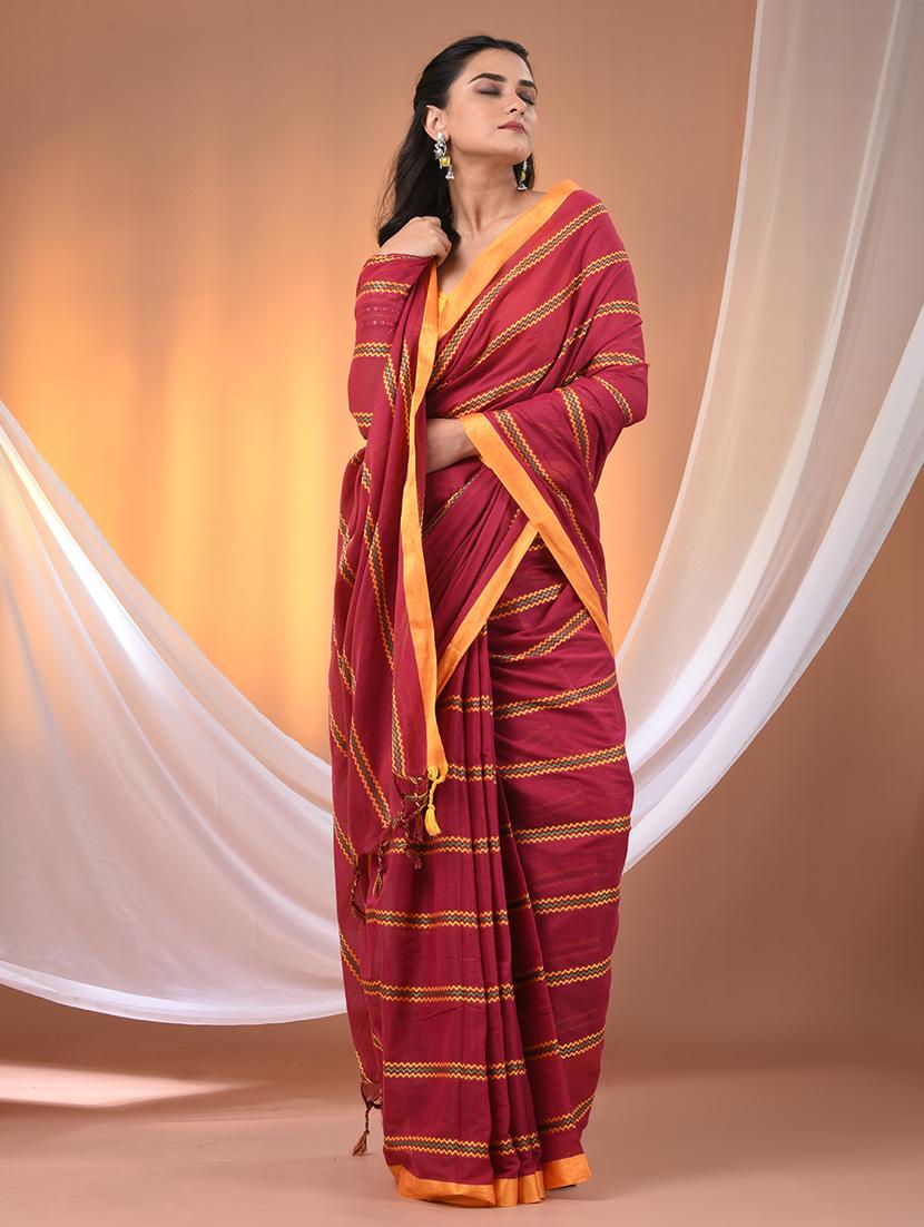 women striped handloom saree with blouse - 21905513 -  Standard Image - 1