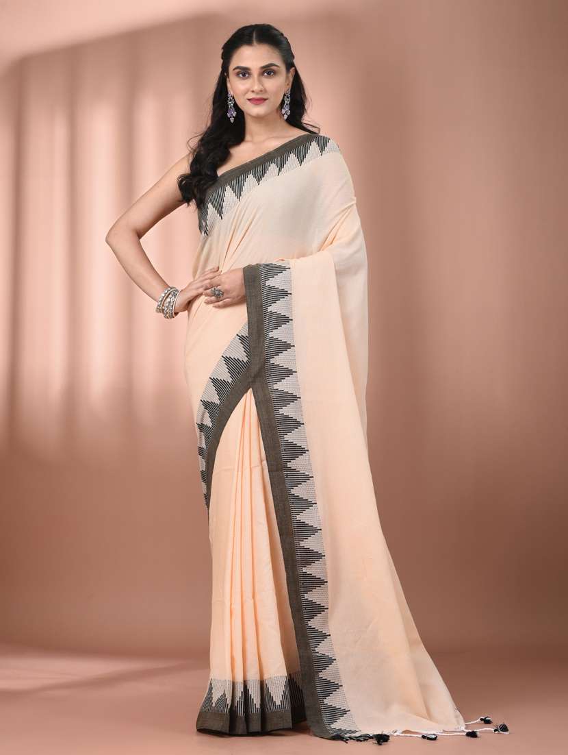 women solid with bordered handloom saree with blouse