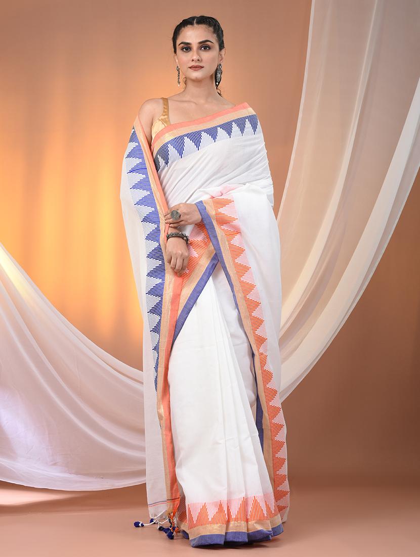 women solid with bordered handloom saree with blouse - 21905518 - Zoom Image - 0