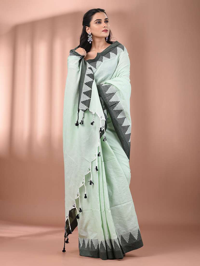 women solid with bordered handloom saree with blouse - 21905519 -  Standard Image - 1