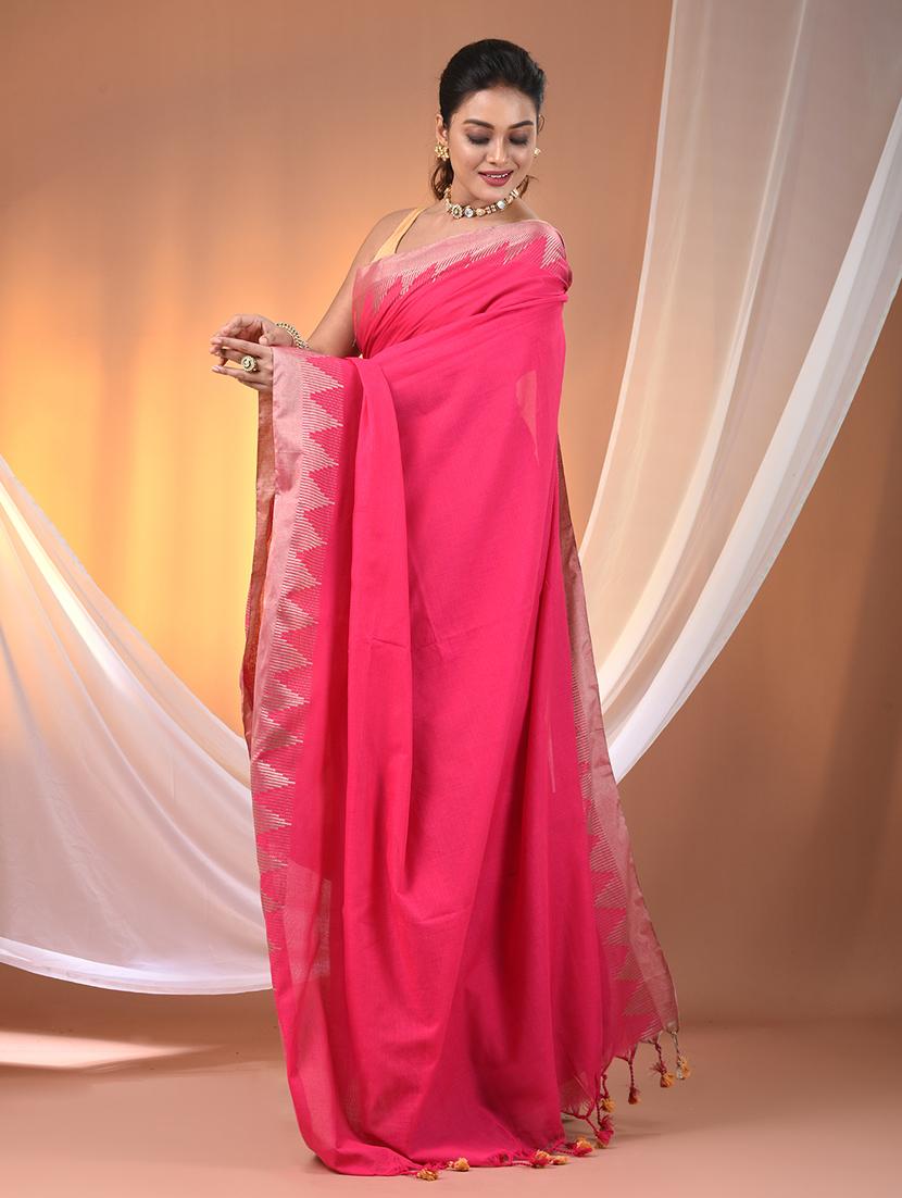 women solid with bordered handloom saree with blouse - 21905520 - Standard Image - 1