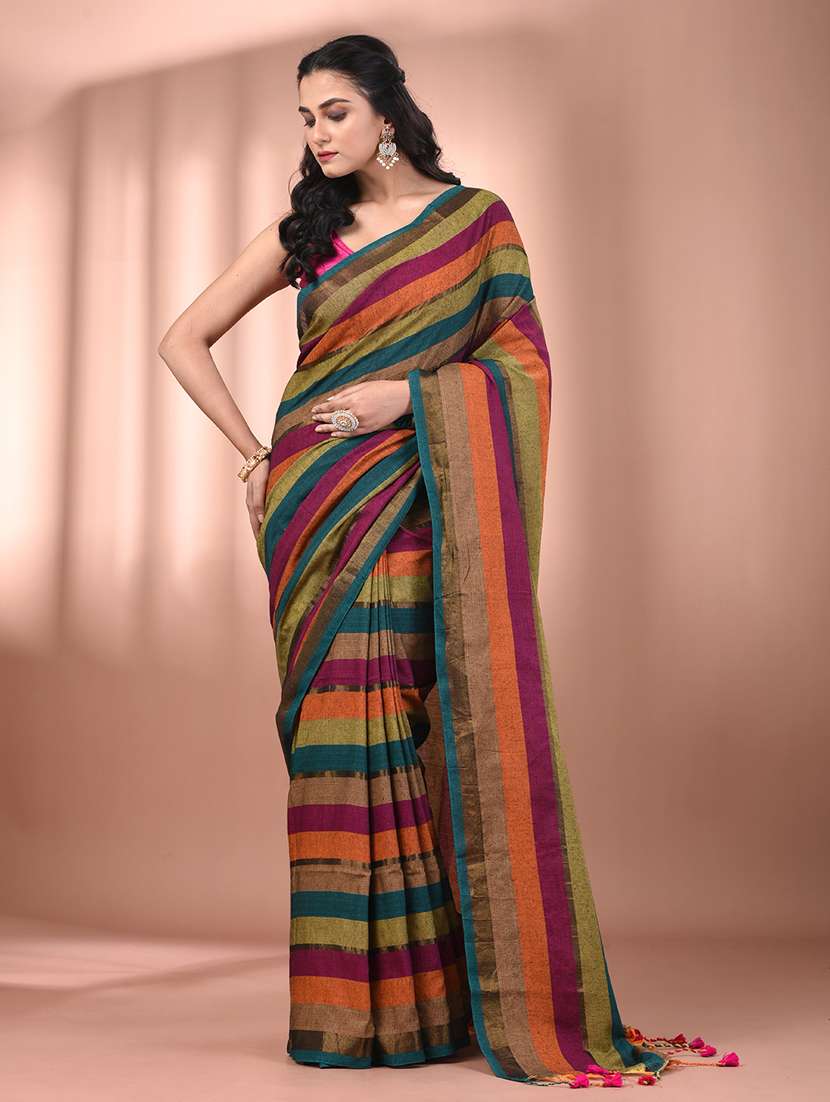 women striped handloom saree with blouse