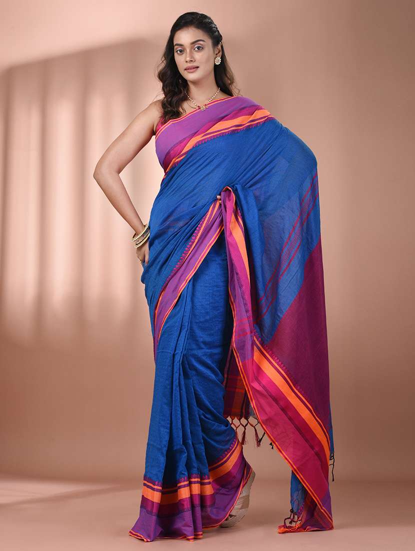 women blue handloom saree with blouse