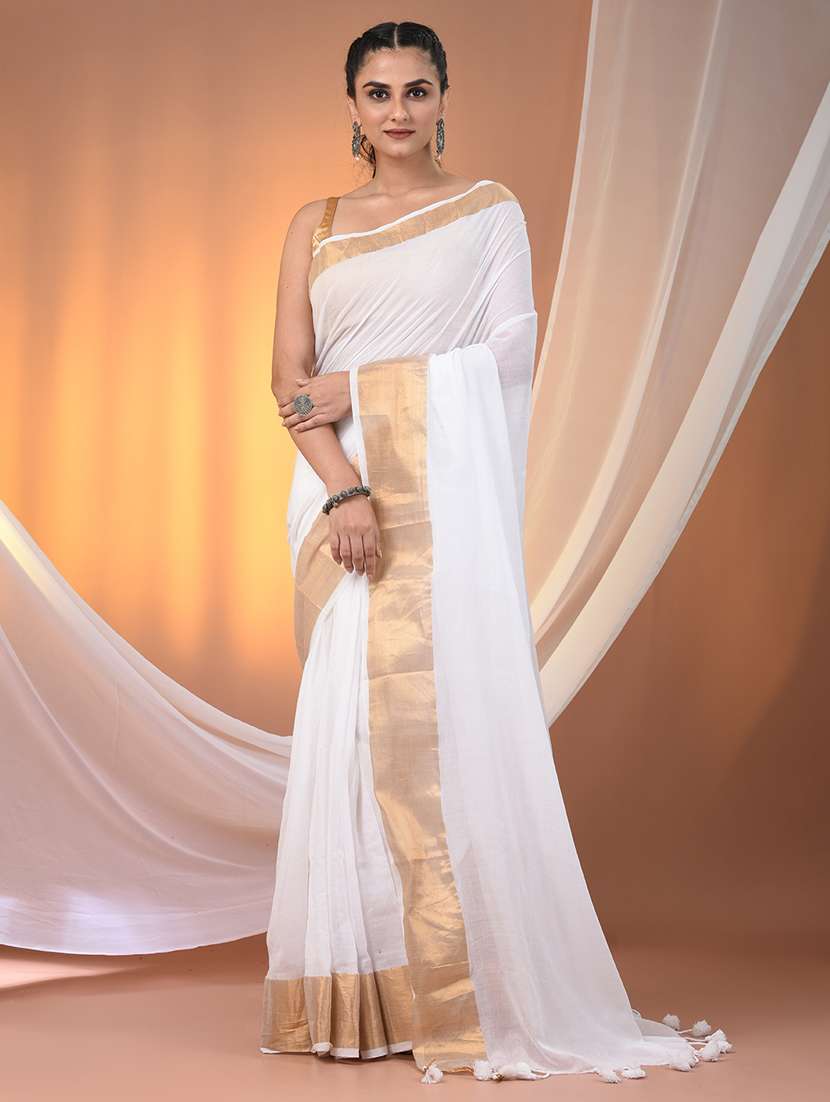 women solid with bordered handloom saree