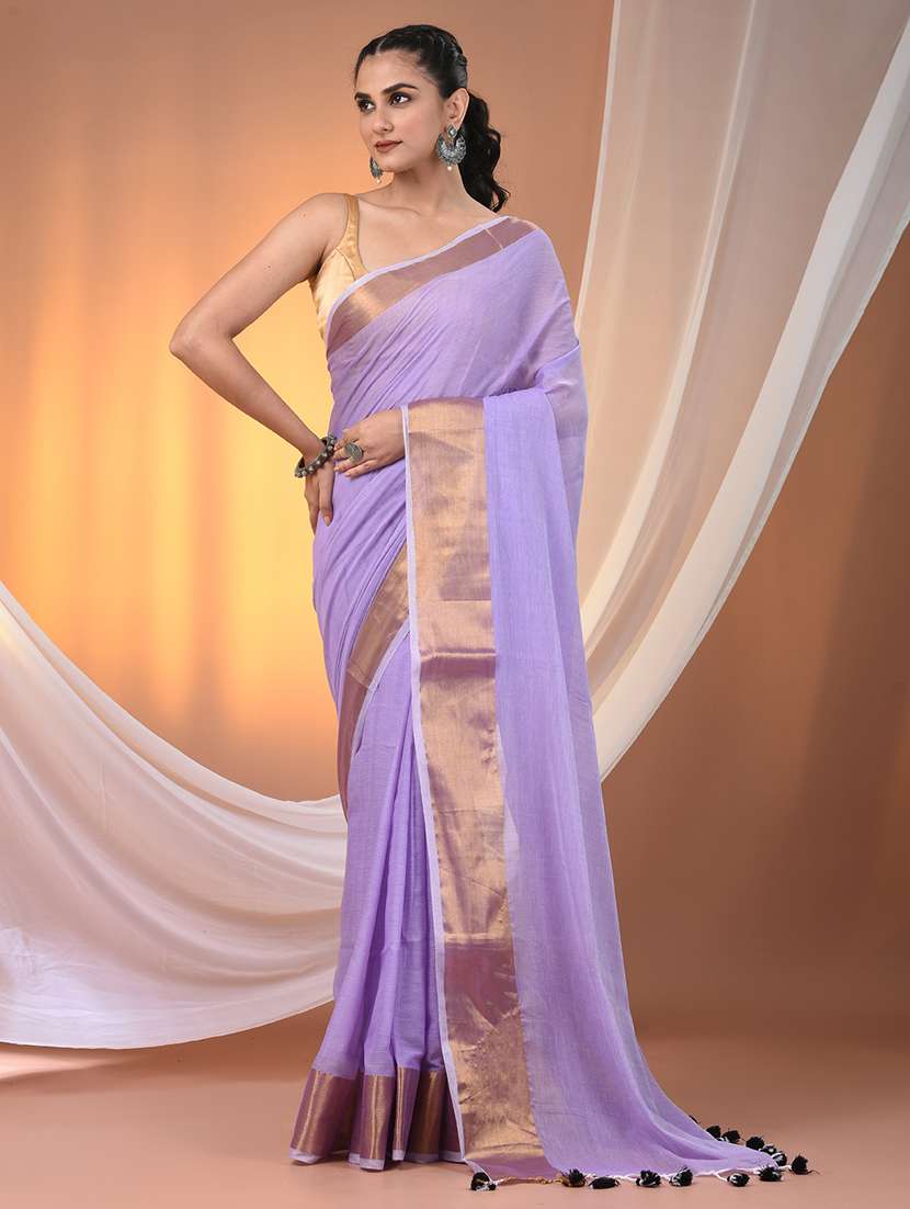 women solid with bordered handloom saree