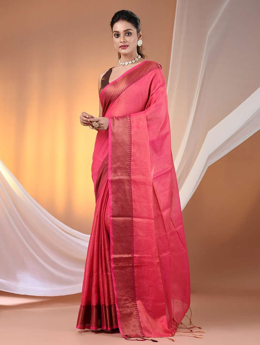 women solid with bordered handloom saree with blouse