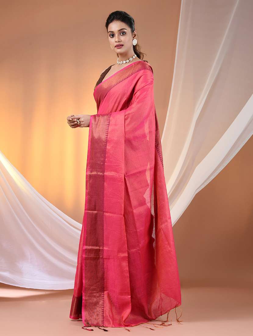 women solid with bordered handloom saree with blouse - 21905558 -  Standard Image - 1