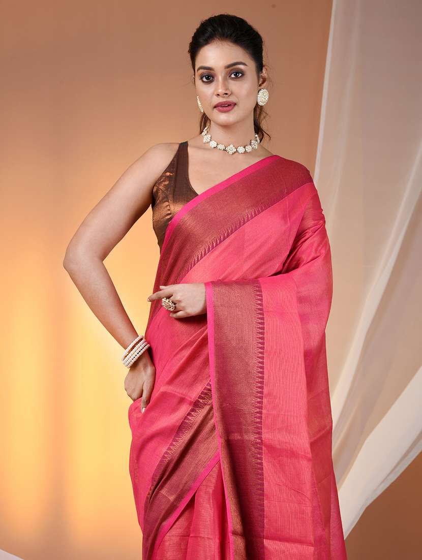 women solid with bordered handloom saree with blouse - 21905558 -  Standard Image - 4
