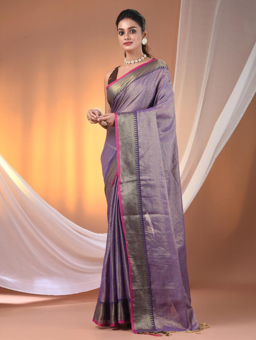 women solid with bordered handloom saree with blouse