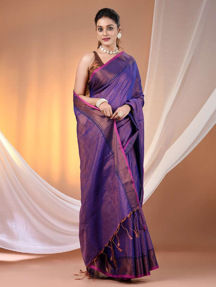 women solid with bordered handloom saree with blouse - 21905560 -  Standard Image - 1
