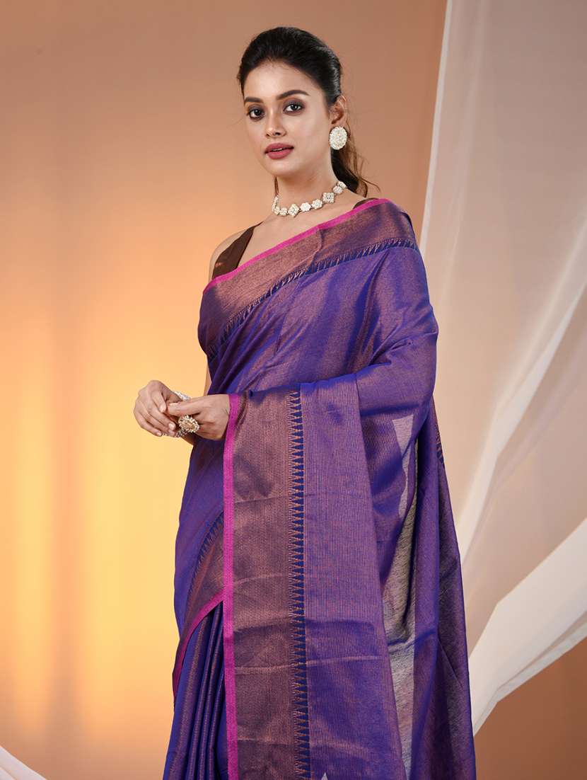 women solid with bordered handloom saree with blouse - 21905560 -  Standard Image - 4