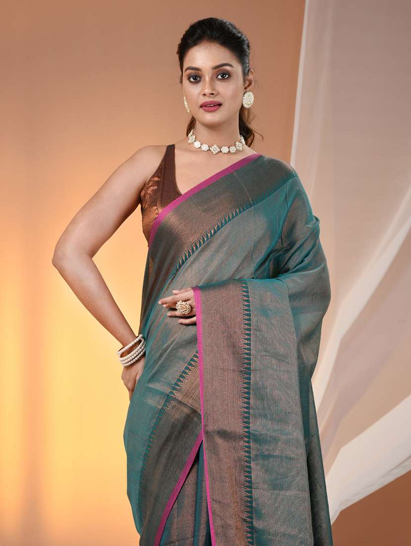women solid with bordered handloom saree with blouse - 21905562 - Standard Image - 4