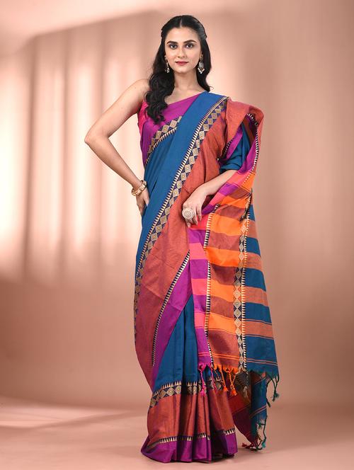 women blue handloom saree with blouse - 21905569 -  Standard Image - 0