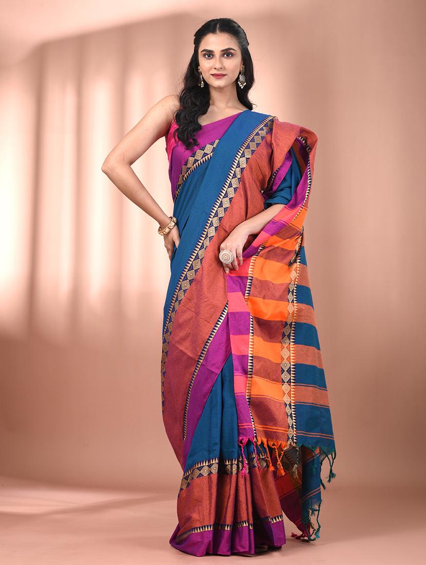 women blue handloom saree with blouse - 21905569 -  Zoom Image - 0