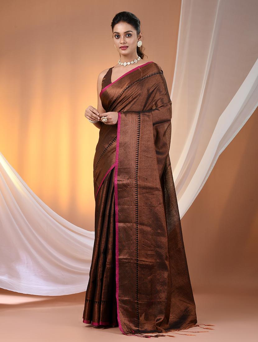 women brown handloom saree with blouse - 21905570 - Standard Image - 1