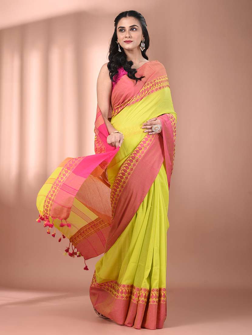 women lime handloom saree with blouse - 21905573 -  Standard Image - 1