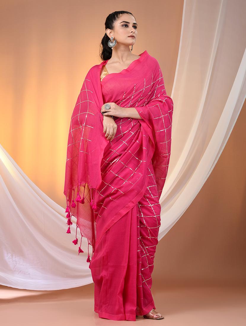 women checkered handloom saree with blouse - 21905581 -  Standard Image - 1